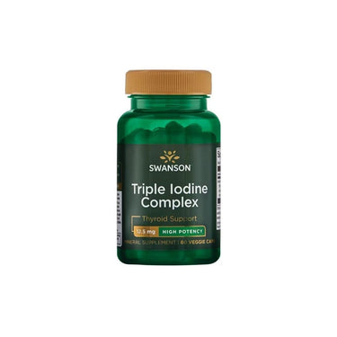 A bottle of Swanson's Triple Iodine Complex High Potency 12.5 mg, designed to support thyroid and metabolic functions, containing 60 veggie capsules.
